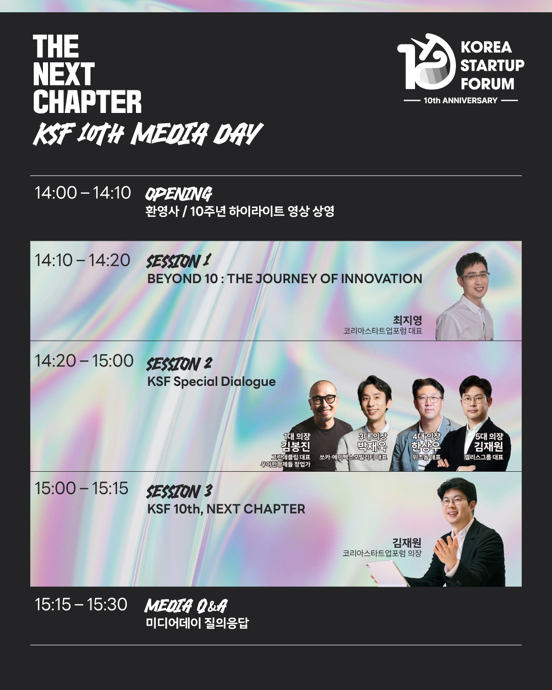 코리아스타트업포럼 10주년 MEDIA DAY 프로그램 — 오프닝, 세션 1 Beyond 10, 세션 2 KSF Special Dialogue, 세션 3 KSF 10th NEXT CHAPTER, 미디어 Q&A